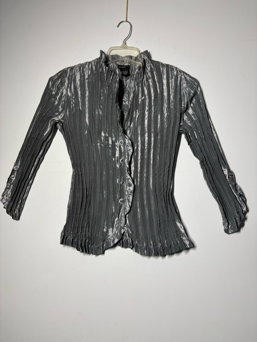 Bay Studio Metallic Silver Pleated Ruffle Button-Front Blouse Size M